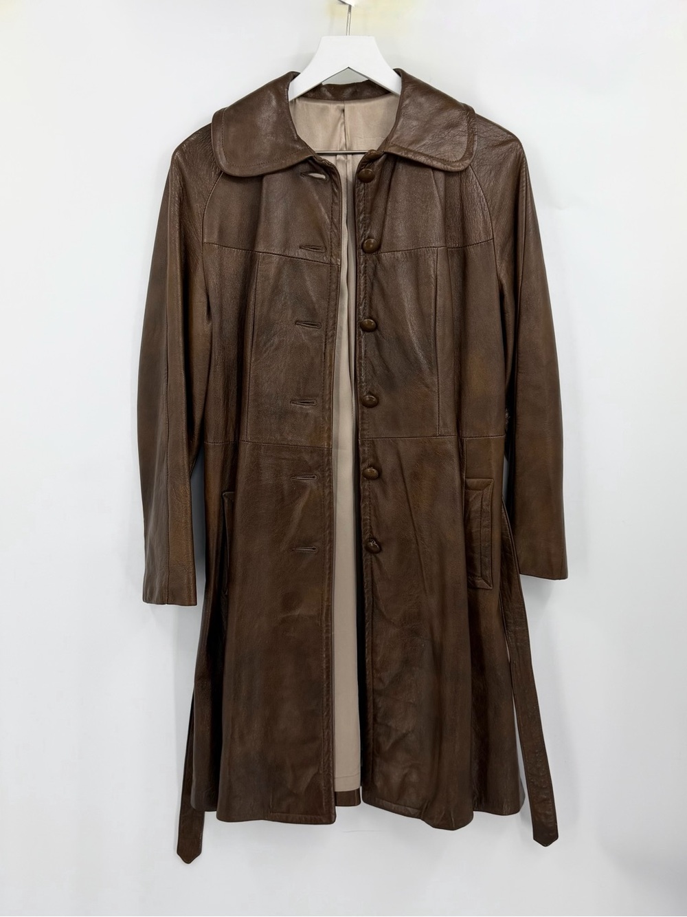 Vintage Scully Leather Button-Up Coat Lined Collared Belted Brown Size 14